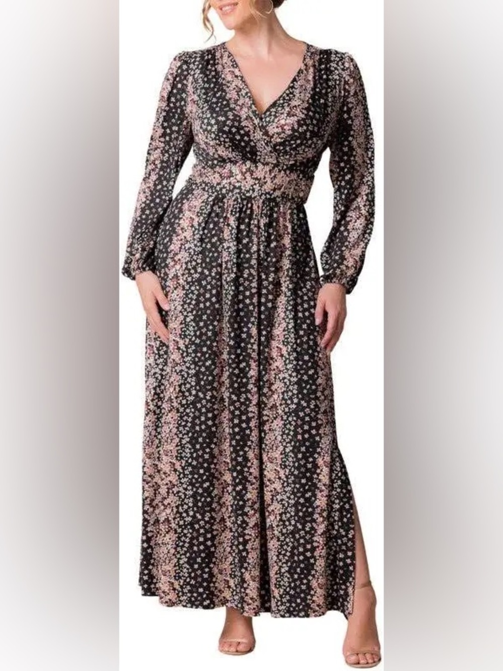 Kiyonna Black Maxi Dress with Pink & White Floral Print